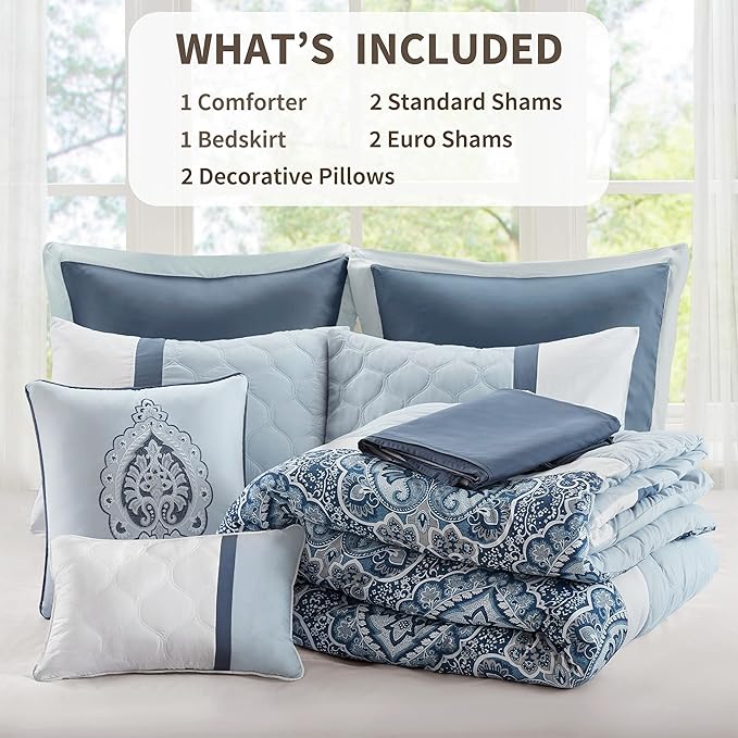 510 DESIGN Luxe Quilted Comforter Set Modern Transitional Design, All Season Down Alternative Warm Bedding Matching Shams, Bedskirt, Decorative Pillow, Cal King, Shawnee Scrollwork Blue