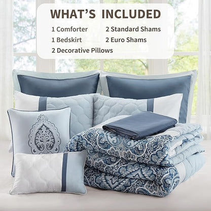 510 DESIGN Luxe Quilted Comforter Set Modern Transitional Design, All Season Down Alternative Warm Bedding Matching Shams, Bedskirt, Decorative Pillow, Queen, Shawnee Scrollwork Blue