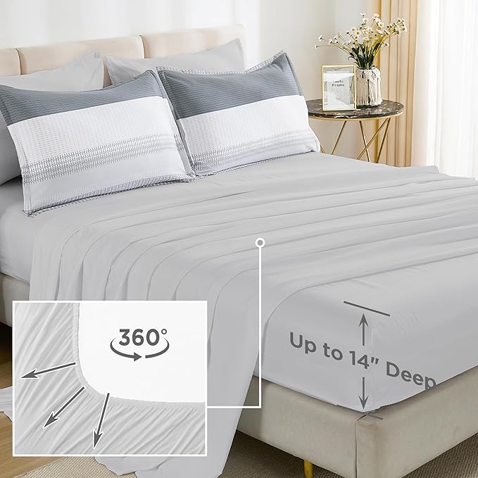 Andency Full Size Comforter Set 7 Pieces - Light Grey Striped Lightweight Bed in a Bag, Soft Microfiber Farmhouse All Season Bedding Set with Comforter, Fitted & Flat Sheet, Pillowcases & Shams