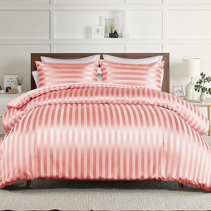 Whale Flotilla 2-Piece Reversible Silky Soft Twin Size Comforter Set, Luxury Stripe Satin Comforter Bedding Set with Satin Pillowcase, Lightweight Duvet for All Seasons, Pink