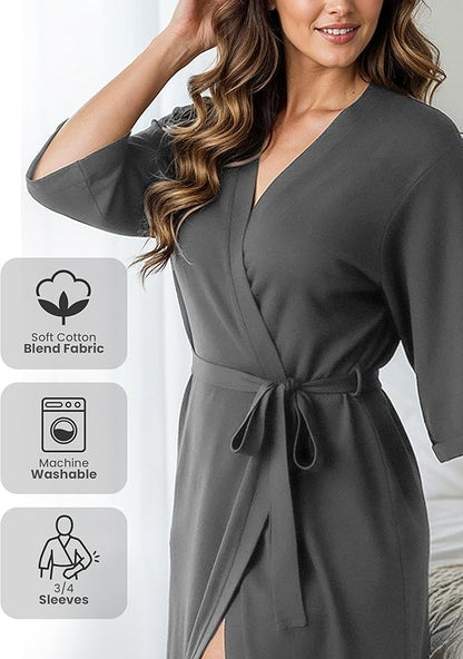 NY Threads Women's Robe Long Knit Bathrobe 3/4 Sleeves Soft Kimono Lightweight Loungewear