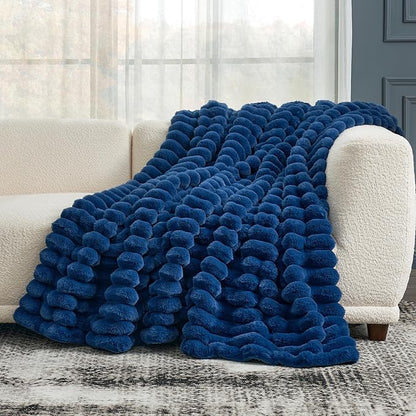 Cozy Bliss Faux Fur Throw Blanket for Couch, Cozy Warm Plush Striped Blanket for Sofa Bedroom Living Room, 90 * 90 Inches Navy Blue