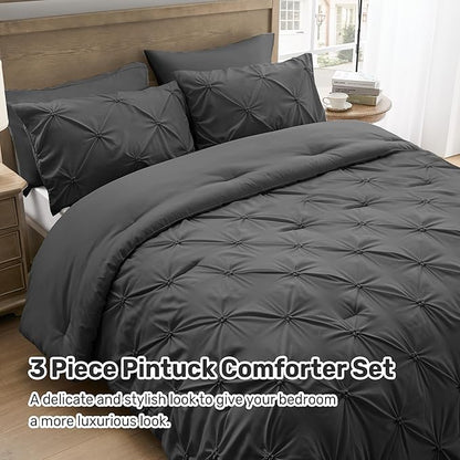 UNIKOME King Comforter Set Dark Gray - Ultra Soft Boho Pintuck Down Alternative Bedding Set for All Seasons, 3 Pieces Lightweight Warm Pinch Pleat Bed Set with Comforter, 2 Pillowcases