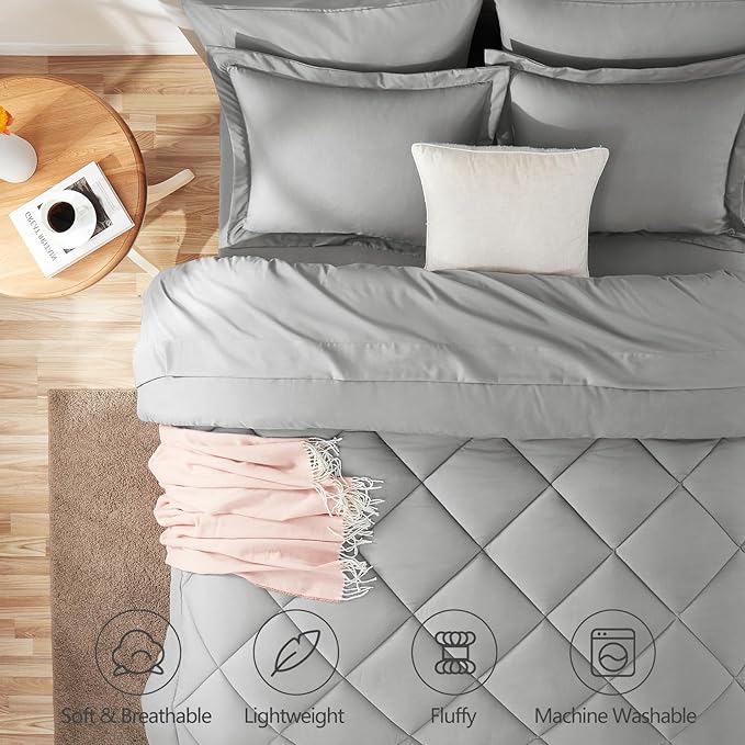CozyLux Full Size Comforter Sets Light Grey - 7 Pieces Bed in a Bag Full, Luxury Soft Bed Set for All Seasons, Bedding Set with Down Alternative Comforter, Sheets, Pillowcases & Shams