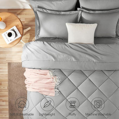 CozyLux Full Size Comforter Sets Light Grey - 7 Pieces Bed in a Bag Full, Luxury Soft Bed Set for All Seasons, Bedding Set with Down Alternative Comforter, Sheets, Pillowcases & Shams