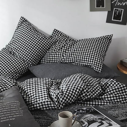 mixinni Black Gingham Comforter Set Twin XL, Plaid Comforter Set 3 Pieces 1 Black Grid Comfoter with 2 Pillow Cases for All Seasons, Soft Fluffy Modern Grid Pattern Printed Bedding-Twin XL Size