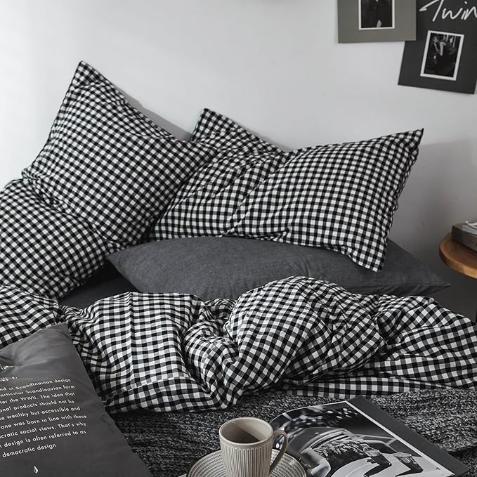 mixinni Black Gingham Comforter Set Queen, Plaid Comforter Set 3 Pieces 1 Black Grid Comfoter with 2 Pillow Cases for All Seasons, Soft Fluffy Modern Grid Pattern Printed Bedding-Queen Size
