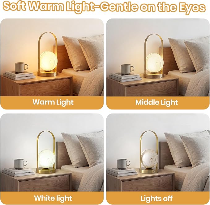 Portable Rechargeable Table Lamp with Marble Pattern Glass Shade – Gold Plated Metal Frame, Cordless LED Desk Light for Bedroom, Nursery, Camping