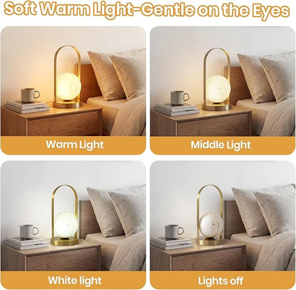 Portable Rechargeable Table Lamp with Marble Pattern Glass Shade – Gold Plated Metal Frame, Cordless LED Desk Light for Bedroom, Nursery, Camping