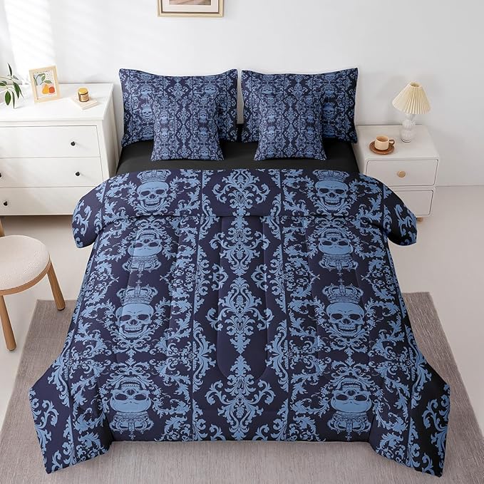 Erosebridal Sugar Skull Bed in a Bag Queen Comforter Set 7 Piece,Gothic Bedding Set,Black Blue Damask Bohemian Vintage Floral Comforter and Sheet Set,Goth Skeleton Antique Victorian Baroque Decor