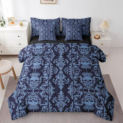 Sugar Skull Bed in a Bag King Size Comforter Set 7 Pieces,Gothic Bedding Set,Black Blue Damask Bohemian Vintage Floral Comforter and Sheet Set,Goth Skeleton Antique Victorian Baroque Decor
