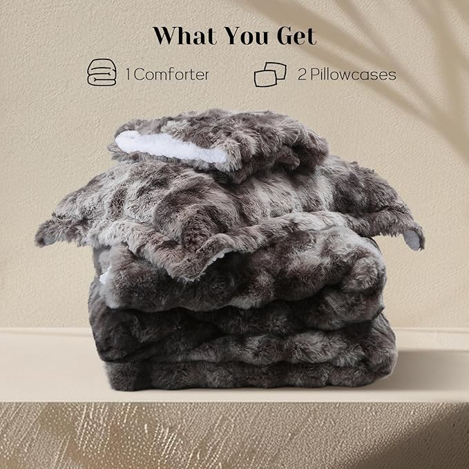 DAICO 3 Pieces Fluffy Faux Rabbit Fur Comforter Set Plush Fuzzy Bubble Comforter Bedding Set Warm Cozy Bedding Comforter Sets for Winter, 1 Comforter and 2 Pillowcases, Queen Size, Tie Dye Grey