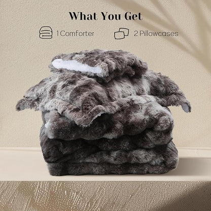 DAICO 3 Pieces Fluffy Faux Rabbit Fur Comforter Set Plush Fuzzy Bubble Comforter Bedding Set Warm Cozy Bedding Comforter Sets for Winter, 1 Comforter and 2 Pillowcases, Queen Size, Tie Dye Grey