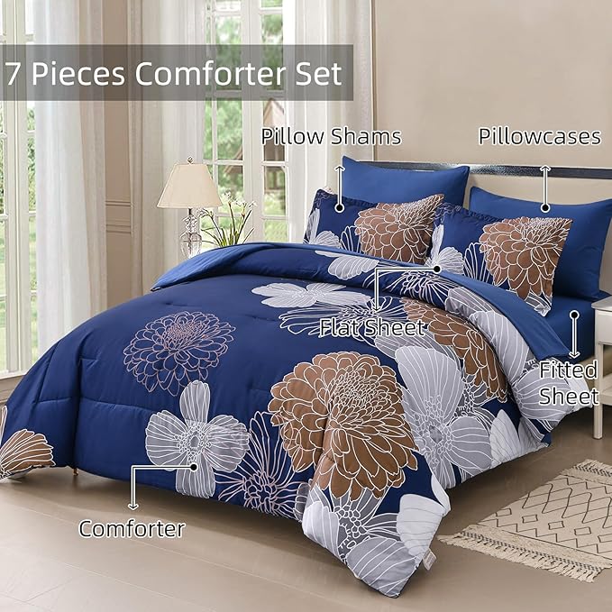 Yiran 7 Pieces Floral Comforter Bedding Sets Bed in a Bag Navy Brown Soft Microfiber Comforter Set with Comforter, Sheets, Pillowcases & Shams King Size 104"×90"