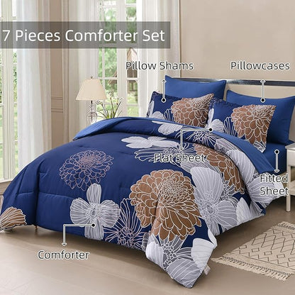 Yiran Navy Brown Comforter Set Queen Bed in a Bag 7 Pieces Floral Soft Microfiber Comforter Bedding Sets Bed Set with Comforter, Sheets, Pillowcases & Shams 90"×90"