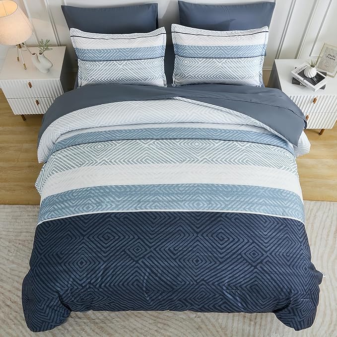 Drucon Blue Comforter Set Full Size 7 Piece Bed in a Bag, Boho Striped Bedding Set, Soft Microfiber Comforter and Sheet Set for All Season