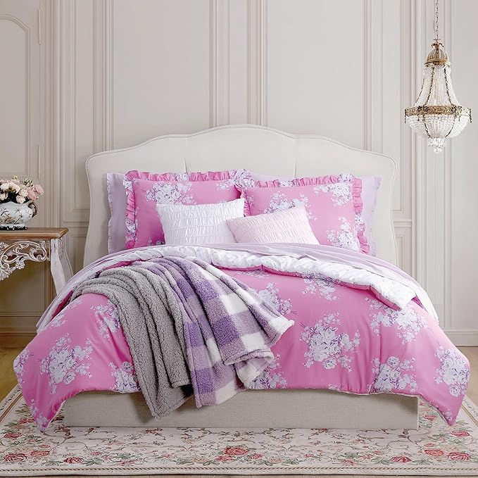 Shabby Chic® - Queen 3-Piece Comforter Set, Reversible Cotton Bedding with Matching Shams, Elegant Floral Home Decor for All Seasons (Brynn Pink, Queen)