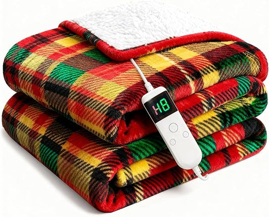 Electric Blanket Heated Throw, Soft Flannel 50"x60" Plaid Heating Blanket with 8 Hours Auto Off 10 Fast Heating Levels Machine Washable Sherpa Heated Blanket with Overheating Protection