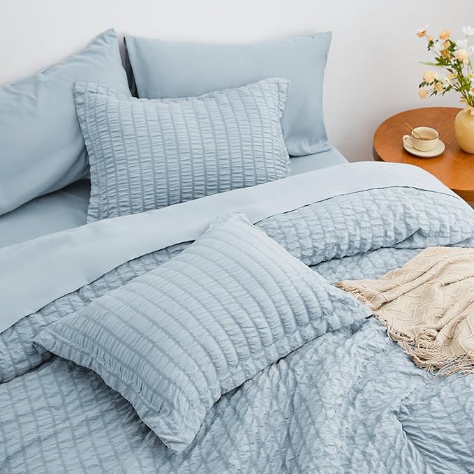 Love's cabin Seersucker Light Blue Twin XL Comforter Set, 5-Piece All Season Lightweight Bed in a Bag Bedding Set with Comforter, Flat Sheet, Fitted Sheet, Pillowcase and Sham | Soft, Breathable, Lightweight