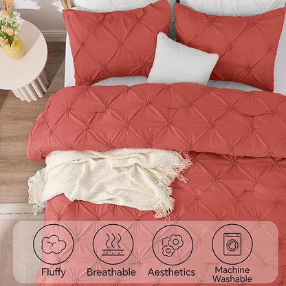 BEDELITE Coral Queen Comforter Set - 3 Pieces Boho Pintuck Bedding Comforter Sets, Lightweight Soft & Warm Bed Comforter Queen with 2 Pillowcases for All Season