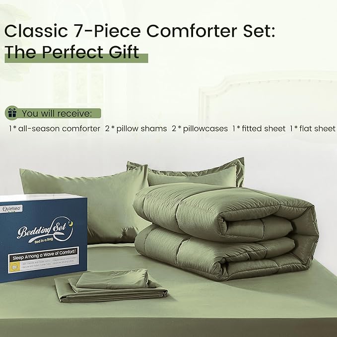 QUIETSEA Queen Bed in a Bag 7 Pieces Comforter Set Queen, Wood Grain Texture Bedding Comforter Set Green Bed Set with Comforter, Pillowcases, Flat Sheet, Fitted Sheet and Pillow Shams