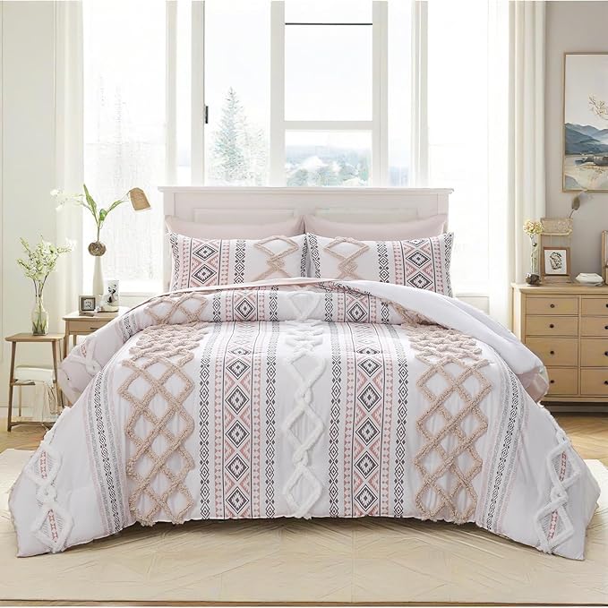 MOVE OVER Beige Tufted Comforter Set King 5 Pieces Shabby Chic Boho Bedding Set 100% Soft Microfiber Aztec Comforter Set Modern Style Ethnic Boho Tufted Bed Set for All Seasons