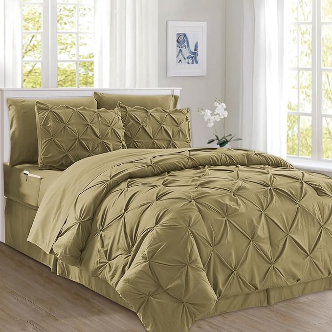 Elegant Comfort 8-Piece Pinch Pleated Comforter Set - All Season Complete Bed in a Bag, Includes 4pc Smart Sheet Set, Bed Skirt, Comforter, Matching Pillowcases and Shams, King/Cal King, Khaki