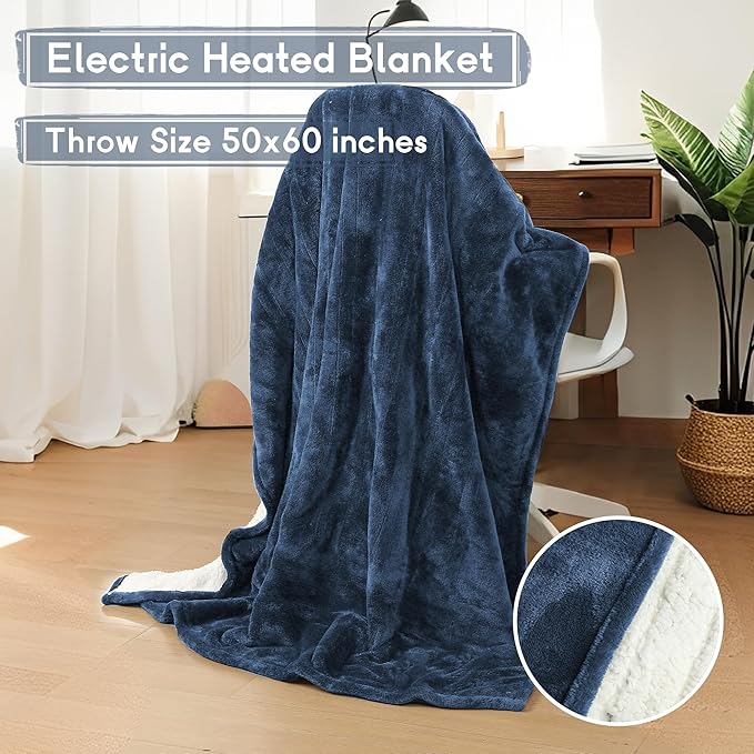 Heated Blanket Electric Throw Size 50''x60'' with 5 Heating Levels, 3 Hour Auto Shut Off, Machine Washable, Flannel & Sherpa Double-Sided Soft Warming Blanket for Couch, Bed, Office - Navy Blue
