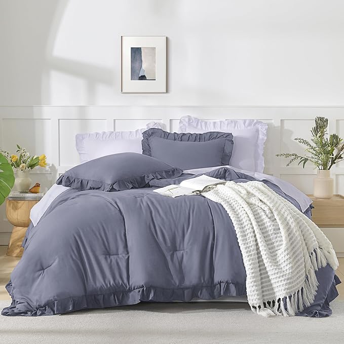 Andency Dark Blue Grey Comforter Full Size, 3 Pieces Solid Farmhouse Shabby Chic Ruffle Bedding Sets, All Season Soft Lightweight Comfy Down Alternative Bed Set for Girls Teens Men Women