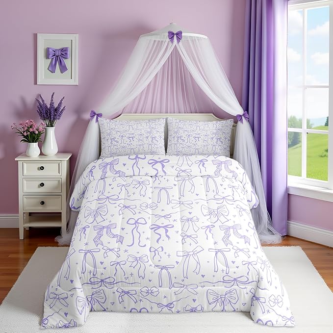 Castle Fairy Purple Bow Comforter Set Twin Size, Cartoon Bow Bedding Set, Kawaii Princess Style Stars Love Bowknot Quilt Set for Kids Girls Women Teens Room Decor,Romantic Duvet Insert,1 Pillowcase