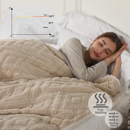 Electric Heated Blanket, 3D Patterned Diamond Grid, Twin Size Sherpa Super Cozy Heated Blanket with 5 Heating Levels & 10 Hours Auto Off, Light Khaki