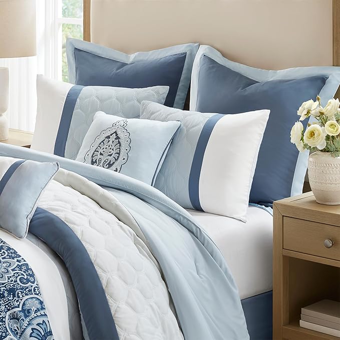 510 DESIGN Luxe Quilted Comforter Set Modern Transitional Design, All Season Down Alternative Warm Bedding Matching Shams, Bedskirt, Decorative Pillow, King, Shawnee Scrollwork Blue