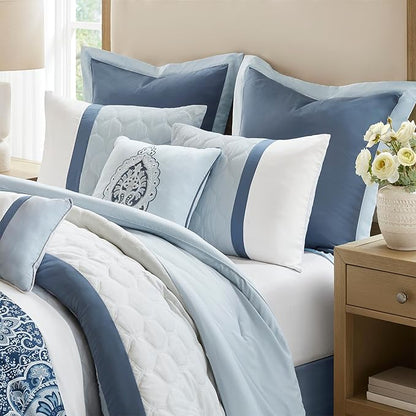 510 DESIGN Luxe Quilted Comforter Set Modern Transitional Design, All Season Down Alternative Warm Bedding Matching Shams, Bedskirt, Decorative Pillow, King, Shawnee Scrollwork Blue