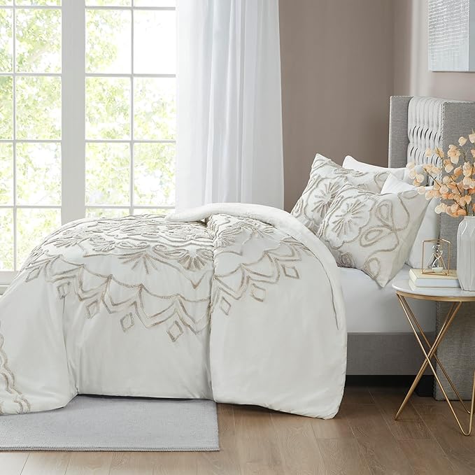 Madison Park Violette Chenille Cotton Tufted Comforter Large Medallion Design, All Season, Hypoallergenic, Soft Bedding Set, Matching Sham, Full/Queen, Ivory/Taupe 3 Piece