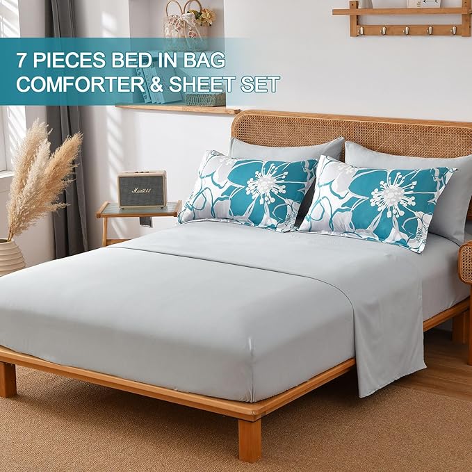 Anibedding Teal Floral Comforter Set King Size 7 Piece, Teal Blue Flower Bed in a Bag, Elegant Botanical Floral Comforter Soft Microfiber Complete Bedding Set for All Season, (Teal, 104"x90")