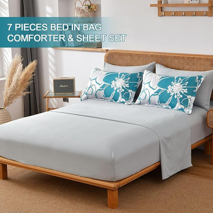 Anibedding Teal Floral Comforter Set Queen Size 7 Piece, Teal Blue Flower Bed in a Bag, Elegant Botanical Floral Comforter Soft Microfiber Complete Bedding Set for All Season, (Teal, 90"x90")
