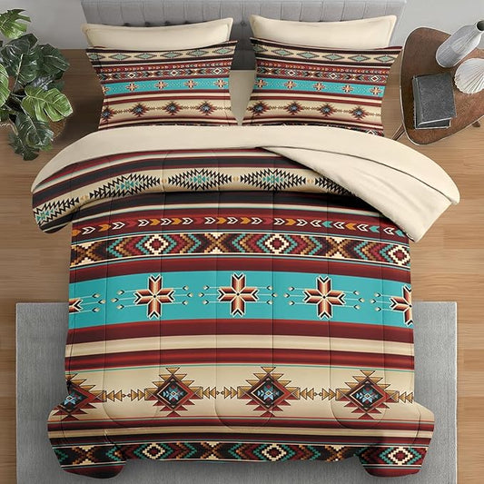 Comforter Set Twin Size, African Tribal Ethnic 5 Pcs Bedding for Kids and Adults, Mexican Moroccan Aztec Bed Sheet Sets with Fitted Sheet Pillowcase & Sham for Bedroom Bed Decor