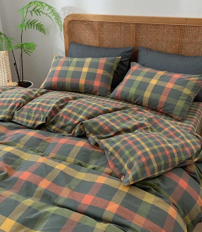 VM VOUGEMARKET Plaid Comforter Set Queen Colorful Grid Checkered Comforter with 2 Pillowcases Modern Style Bedding Set for All Seasons-90 x90