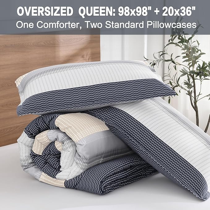 Litanika Oversized Queen Comforter Set Blue Yellow 98x98-3 Pieces Lightweight Colorblock Stripe Fluffy Bedding Comforter Sets, All Season Bed Set
