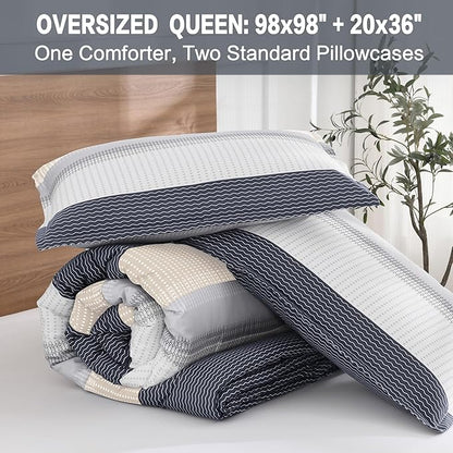 Litanika Oversized Queen Comforter Set Blue Yellow 98x98-3 Pieces Lightweight Colorblock Stripe Fluffy Bedding Comforter Sets, All Season Bed Set