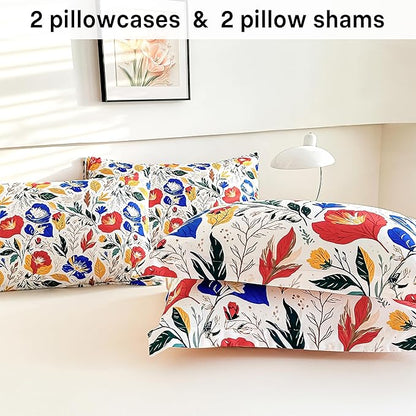 Floral Queen Comforter Set with Sheets, 7 Piece Luxury Vintage Bedding, Soft Microfiber Bed in a Bag, Cozy Lightweight Bed Set, Blue Orange Flower