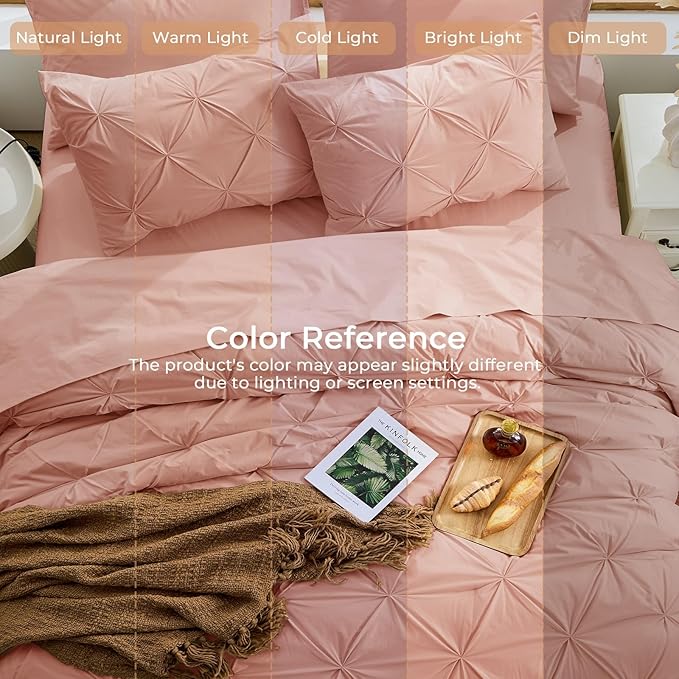 Sasttie Full Size Comforter Set, 7-Piece Bed in a Bag Double, Pintuck Bedding Set for All Season, Includes Comforter, Flat Sheet, Fitted Sheet, Pillowcases and Pillowshams, Blush
