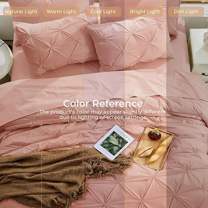 Sasttie Full Size Comforter Set, 7-Piece Bed in a Bag Double, Pintuck Bedding Set for All Season, Includes Comforter, Flat Sheet, Fitted Sheet, Pillowcases and Pillowshams, Blush