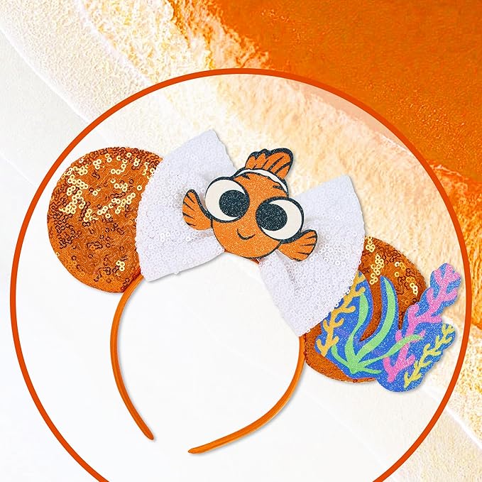 Mouse Ear Headbands, Sparkle Mouse Ears for Women Girls Adult Kids, Cartoon Sequin Headband Park Ears Trips Cosplay Costumes Accessories (Nemo)