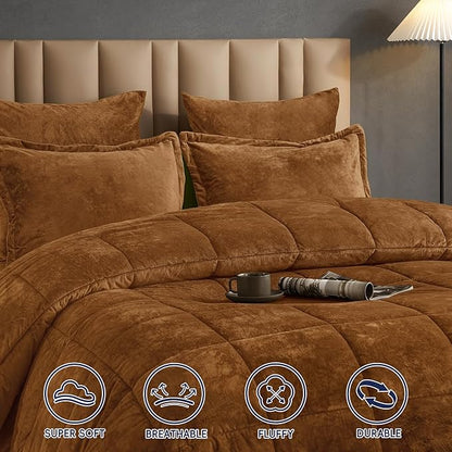 PHF Double-Sided Velvet Comforter Set King Size, 5 Piece Soft Luxury Winter Warm Bedding Sets, Modern Bed in A Bag Including 1 Cozy Comforter, 2 Pillow Shams, 2 Euro Shams for Home Decor, Camel