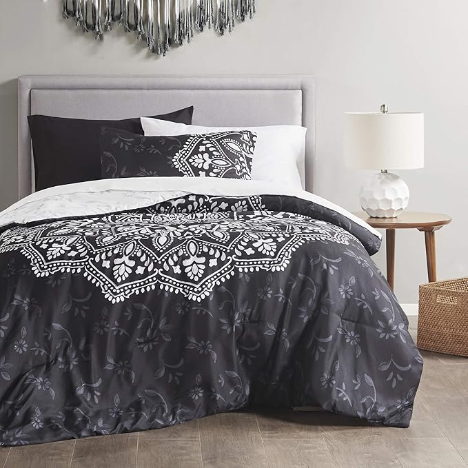Comfort Spaces Bed in A Bag - Trendy Casual Design Cozy Comforter with Complete Sheet Set with Side Pocket, All Season Cover, Matching Shams, Twin XL (66 in x 90 in), Ava Medallion Black 6 Piece