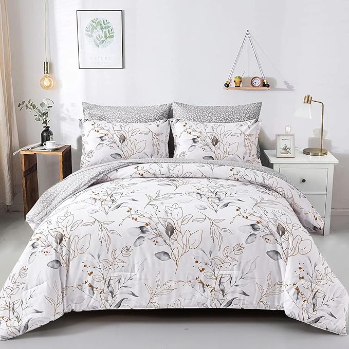 WONGS BEDDING Grey Comforter Set Queen,7 Pieces Reversible Botanical Bed in a Bag Golden Leaves Bedding Set Microfiber Queen (1 Comforter,2 Pillowcase,2 Pillow Shames,1 Flat Sheet,1 Fitted Sheet)