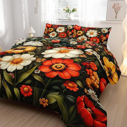 Cute Flower 3 Piece Bedding Set Twin Size，Colorful Floral Ultra Soft Microfiber Comforter Bed Set with 3-Pieces,Cute Colorful Botanical Flowers Patterned Bedroom Decor Comforter and 2 Pillow Shams