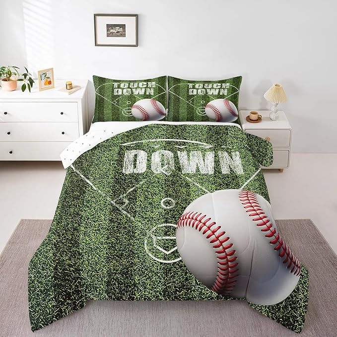 Feelyou Baseball Comforter Set Toddler Size Gaming Sports Comforter for Boys Girls Teens Ball Games Bedding Set Gift for Baseball Lover Duvet Set Moss Green Quilt Set