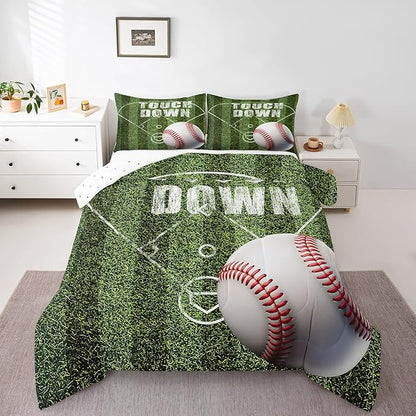 Feelyou Baseball Comforter Set King Size Gaming Sports Comforter for Boys Girls Teens Ball Games Bedding Set Gift for Baseball Lover Duvet Set Moss Green Quilt Set